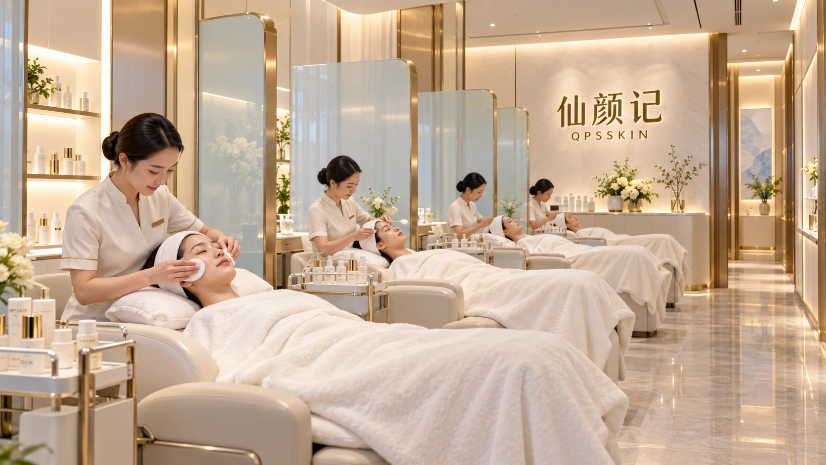 仙颜记奶白护理床、圆角隔断与护理顾问为来访者进行面部保养