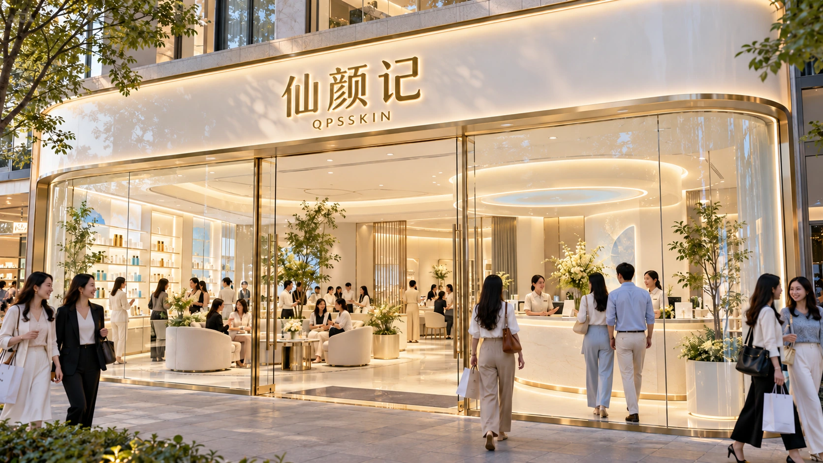 阳光树影下，奶白与淡金色的仙颜记QPSSKIN门店外观及通透玻璃入口