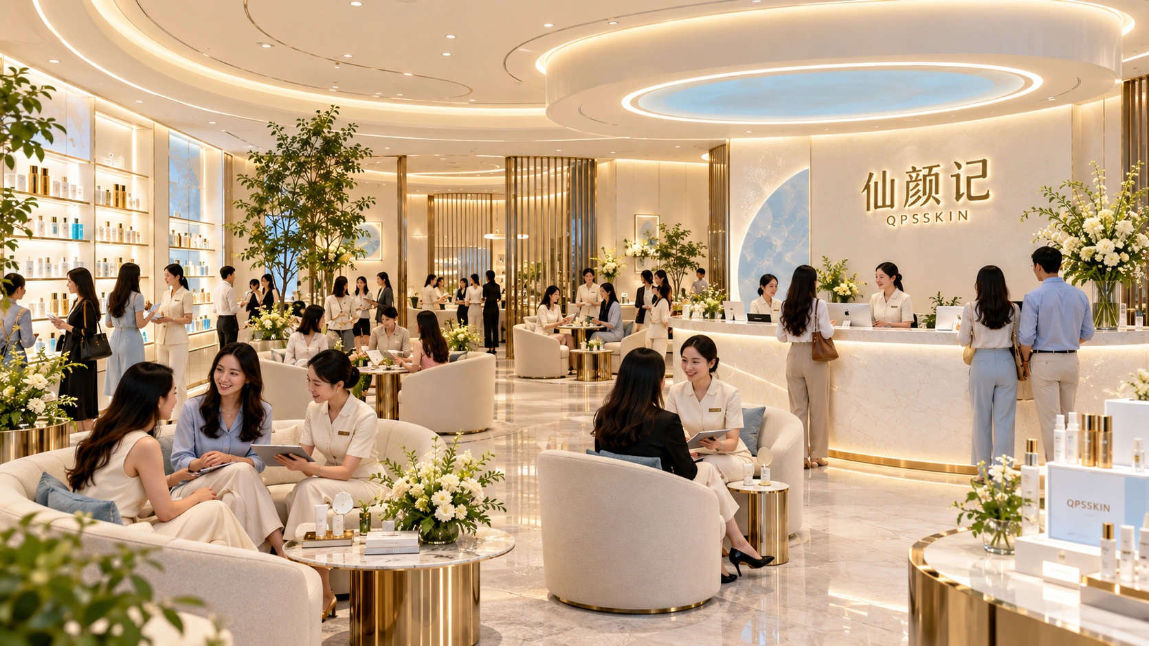 仙颜记明亮的圆角休憩与咨询区，顾问和来访者在奶白沙发区沟通