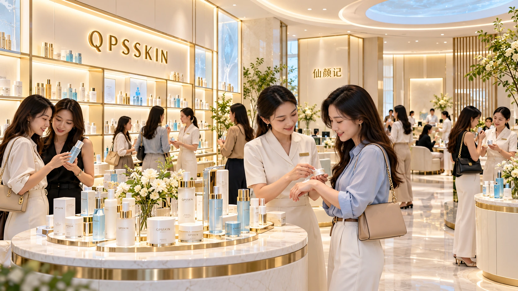 QPSSKIN产品展示与试用区，顾问帮助来访者体验护肤产品的质地与使用感